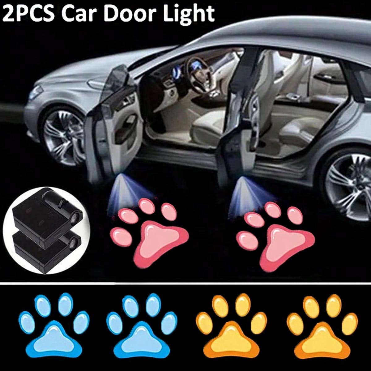 2pcs Car LED Decorative Lights, Battery Powered Car Door Logo Projection Lights, Wireless Atmosphere Lights For Car Modification, Easy Installation, Suitable For Sedans And SUVs - Black - View 1