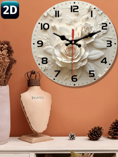 [Artesanía exquisita] Elegante reloj de pared silencioso, decorado con patrones de rosas blancas y mariposas - Esfera de madera, diseño plano redondo - Adecuado para la sala de estar, el dormitorio, la cocina - Decoración de hogar y oficina de moda, perfecto para fiestas al aire regalos festivos - Utiliza batería AA (batería no incluida)