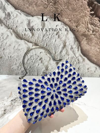 1PC Fashionable Luxury Diamond Ladies' Dinner Bag With Droplet Shaped Sapphire Blue Crystal Evening Gown Handbag, Perfect For Valentine's Day, Weddings, Parties, Formal Occasions, Ladies' Gifts, Dinners/Parties.Shimmering Blue Water Drop Diamond Radiant Pattern Heavy Metal Evening Bag