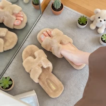 Women's Plush Slippers, Fashionable Solid Color Soft Plush Slippers, Comfortable Indoor/Outdoor Slip-On Shoes, Breathable Fluffy Plush Slippers, Quiet Indoor Floor Lightweight House Slippers For Winter, Women's Soft Comfortable Flat Slip-On Open Toe Fluffy House Slippers, Solid Color Open Toe Bedroom Floor Slippers - Khaki - View 6