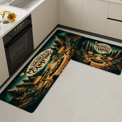 1 pieza Alfombra de cocina, felpudo, alfombra de baño, felpudo, alfombra rectangular impresa en 3D con temática de camping, de lino, apta para sala de estar, dormitorio, pasillo, baño, lavandería - Alfombra de poliéster para decoración del hogar interior y exterior