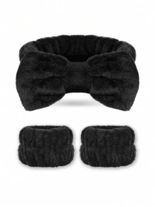 Set de 3 piezas de muñequera y diadema, muñequera y diadema de felpa para lavarse la cara, absorbente, que absorbe la humedad, de felpa de coral, diadema impermeable - Negro - Ver 3