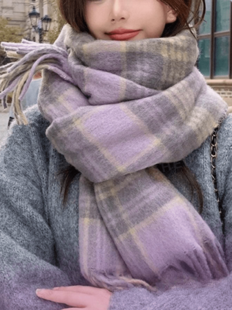 1pc Purple Plaid Scarf For Women, Warm Shawl Wrap, Student Style, Tasseled Neck Warmer, 2025 New Collection, Winter