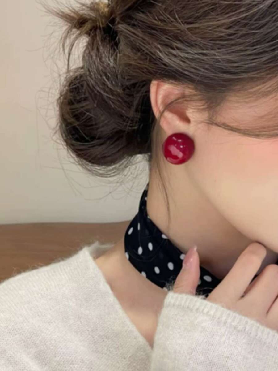 1 Pair Retro New Year Versatile Fashionable Elegant Elegant Earrings, French Luxury High-End Red Ball Stud Earrings