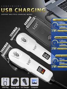 LQT 1/2/3pcs Professional Hair Clipper & Beard Trimmer Set, Includes Hair Clipper/Trimmer/Shaver, USB Rechargeable, LED Display, Low Noise & Vibration, Home Haircut Kit, Beginner-Friendly, Great Gift For Men - Multicolor - View 5