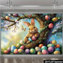 Fundal foto 2D plat 1 buc cu iepuraș de Paște și ouă colorate - material textil din poliester de dimensiuni mari cu flori de cireș înflorite și iarbă verde, ideal pentru petrecerea de Paște, decorarea casei, recuzita de studio și decorarea ușii de garaj suspendate