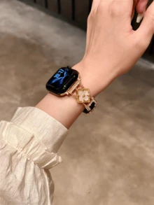 Dây đeo đồng hồ da họa tiết hoa thời trang, có thể điều chỉnh kích thước | Thiết kế tinh tế, tương thích với Apple Watch Ultra/SE/Series 11/10/9/8/7/6/5/4/3/2/1 | Phù hợp với vỏ đồng hồ 38mm 40mm 41mm 42mm 44mm 45mm 46mm 49mm - vàng đen - Xem 7