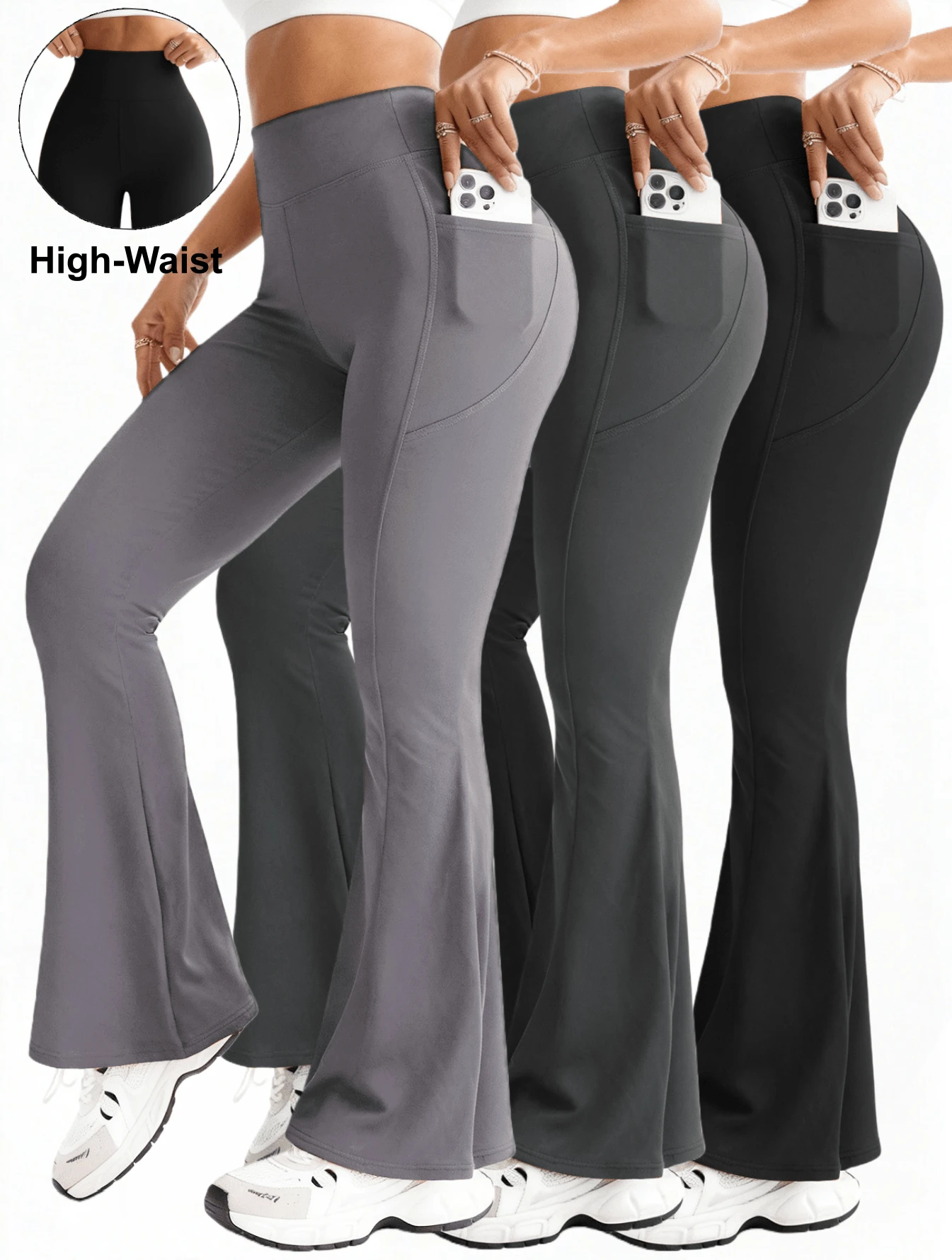 3Packs Women's Flare Leggings With Pockets, Comfortable AndSoft High Waisted Tummy Control Bootcut Workout Yoga Pants(If You Are Between Sizes, We Recommend Sizing Up) - 3Pcs 3colors( Black + Dark gray + Gray) - 查看 1