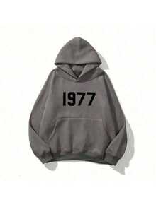 1pc Unisex High Street Style 1977 Letter Printed Hoodie - Men's Loose Fit Casual Hooded Sweatshirt-2025long Sleeve Tops Sudaderas Para Mujer - 灰色 - 查看 6