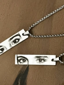 Customized Pearl Chain Eye Photo Necklace, Personalized Realistic Photo Pendant, Stainless Steel Black Printed Rectangular Jewelry, Gift For Valentine's Day, Mother's Day, Daily Wear