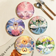 A Set Of Coasters With The Theme Of "Swan + Love Imagery". This Type Of Love-Themed Coasters Often Have "Symbolic Love Creatures + Romantic Elements" As The Core, Using Practical Carriers To Convey Emotional Implications, Which Is One Of The Mainstream Directions For Couples' Decorations. - Wooden Board-circle Coaster - View 4