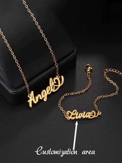 Personalized Name Jewelry Set - Customized Bracelet And Necklace, Gold Name Bracelet And Nameplate Necklace Set, Gift For Her, Everyday Wear Jewelry | Vintage Style | Jewelry, Name Necklace