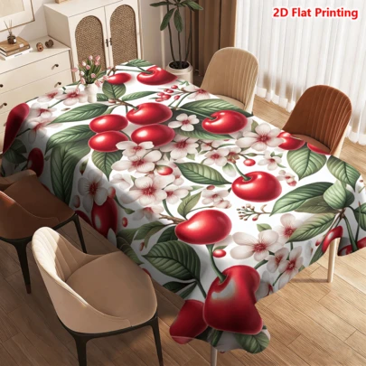1/20pcs Spring Tablecloth, Featuring Vibrant Red Cherries And Delicate White Flowers Accented On A Fresh Green Leaf Background, Made Of Durable Polyester Fabric, Ideal For Holiday Decor, Spring Home, Kitchen, Outdoor Garden Party And Restaurant, Also A Perfect Gift For Friends And Family, Home Decor And Spring Decoration.