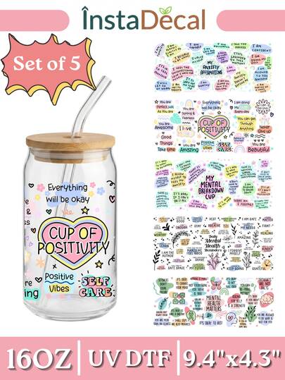 5 Adet Zihinsel Sağlık UV DTF Bardak Kaplaması, 16oz Libbey Cam Bardak İçin, Olumlu Onaylamalar ve Öz Bakım Temalı Su Geçirmez Kaygı Giderici Kendin Yap Etiketler (9,4" X 4,3")
