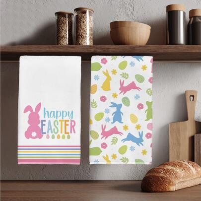2 piezas Toallas de cocina con ilustración minimalista de conejo y huevo de Pascua de primavera, de material suave de poliéster, adecuadas para decoración de cocina, limpieza, decoración de fiesta festiva, artículos esenciales de cocina y baño, decoración del hogar, regalo de inauguración de casa