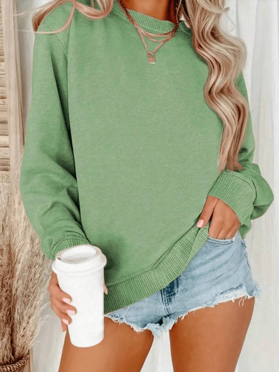Crew Neck Long-Sleeve Top With Relaxed Fit, Comfortable Wearing Experience, Ideal For Daily Casual Activities, Easy To Pair With Different Bottoms, Suitable For Spring And Autumn - 綠色 - 查看 1