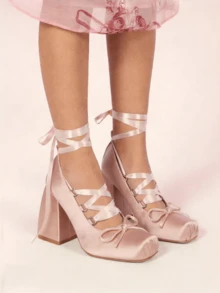 Ballet Mary Janes High Heels For Women Square Toe Satin Lace Up Ballerina Stiletto Heels With Bow Elegant Wedding Party Slingback Pump Heels For Women  - a裸色 - 查看 8