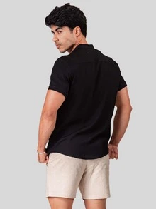 Men's Short Sleeve Linen Look Dress Shirt With Priest Collar - Shirt For Summer 2025 - Fresh Shirt - Beach Fashion - 黑色 - 查看 7