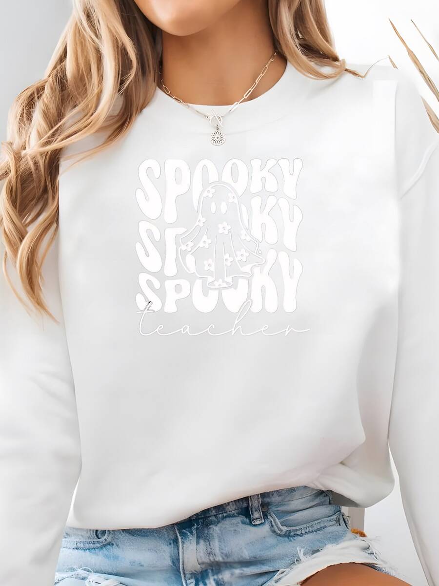Profesor Espeluznante, Halloween, Espeluznante, Tee Gráfica, Camisa De Halloween, Profesor Halloween, Fantasma, Octubre, Tela Bella. Gildan Crewneck Sudadera - Blanco - Ver 1