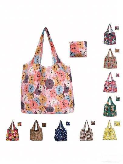 1pc Large Capacity Fashion Printed Shopping Bag, Portable Foldable Reusable Polyester Tote Bag, Suitable For Travel And Daily Use