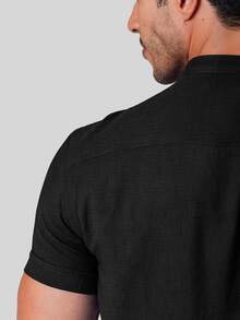 Men's Short Sleeve Linen Look Dress Shirt With Priest Collar - Shirt For Summer 2025 - Fresh Shirt - Beach Fashion - 黑色 - 查看 6