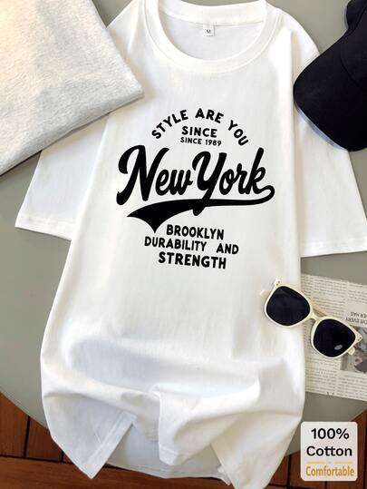 字母印花图案短袖中长款T恤，时尚休闲女式上衣