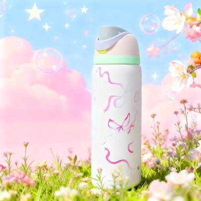 Botella de agua con lazo de cinta roja Owa laa, 32 oz/945 ml, con pajita, mantiene las bebidas calientes o frías, puede contener bebidas heladas y agua, tiene una apariencia hermosa, adecuada para ocio, trabajo, deportes, interiores y exteriores, adecuada para estudiantes y trabajadores de oficina, como regalo