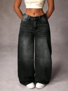 Women's Casual Denim Jeans (Couple Style - Wide Leg Fit), Suitable For All Seasons, Oversized Charcoal, High Waist, Full Length, Casual Outdoor Pants, Multi-Functional Daily Wear, Suitable For Family And Leisure, Slim Fit For Teenagers To Adults, Minimalist Design, Durable Denim Pants - 黑色 - 查看 4