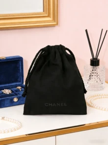 CHANEL Black Drawstring Soft Padded Makeup Bag, Flannel Fabric Cosmetic Storage Organizer, Multi-Functional Travel Pouch - Black - View 1