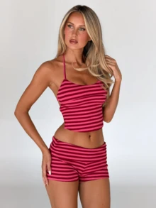 Women's Striped Two Piece Sets Summer Lounge Outfits Halter Neck Crisscross Open Back Tie Top And Fitted Shorts Matching Set Beach Vacation Travel Y2k - 拼花色 - 查看 7