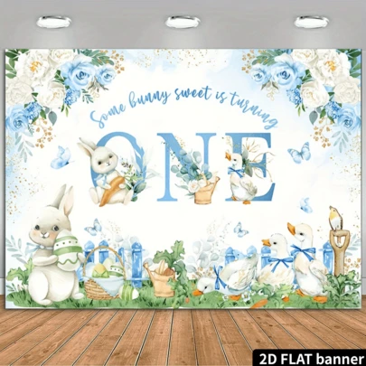 2D平面设计，以春节、复活节花卉和蝴蝶为主题的兔子生日背景，文字为“兔子一周岁啦”，粉色摄影背景，适合一周岁生日。