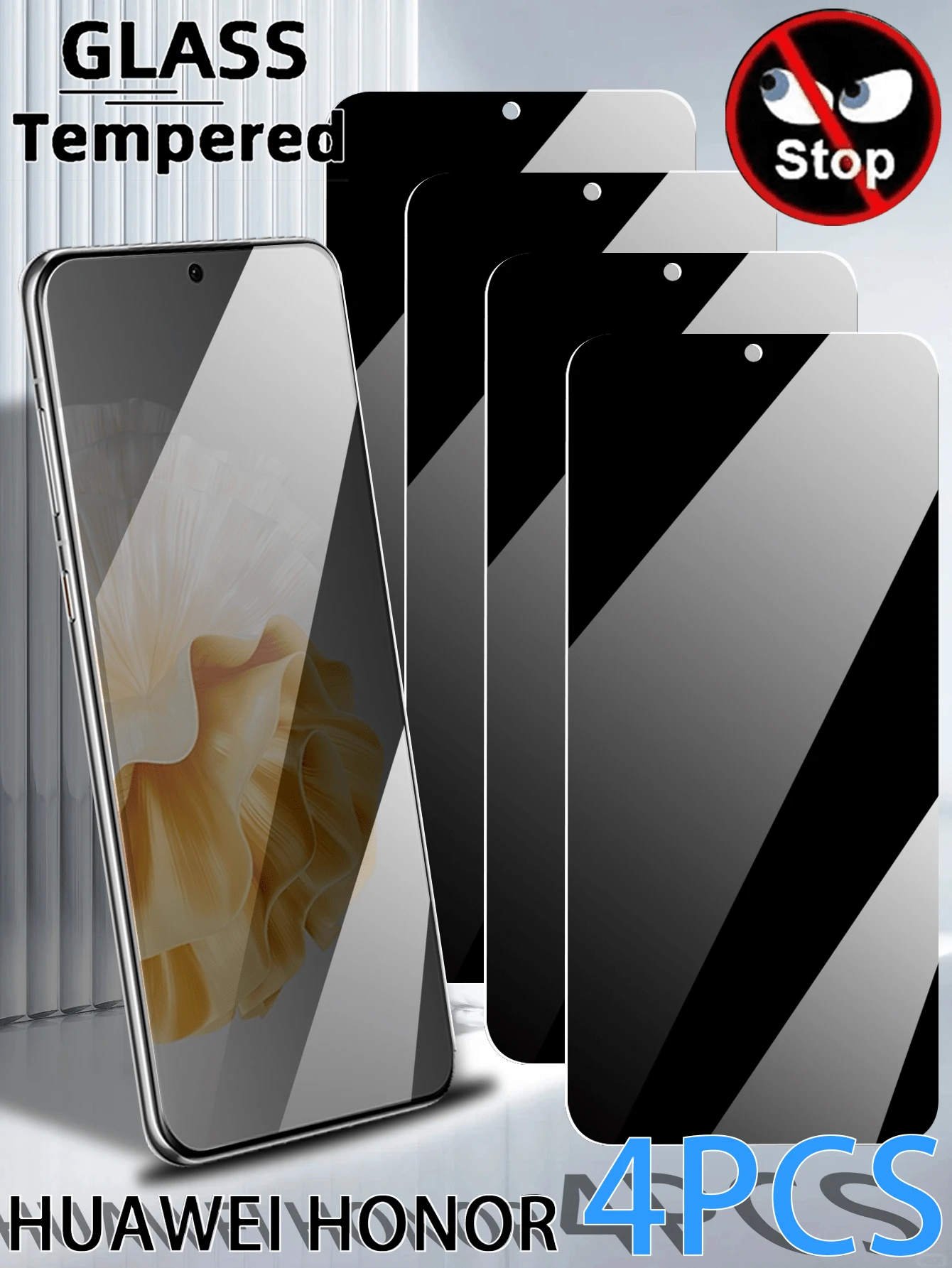 适用于华为和荣耀手机的4片装全覆盖隐私钢化玻璃屏幕保护膜，防刮防窥，易于安装，无气泡，易于清洁，耐用钢化玻璃 - 黑色 - 查看 1