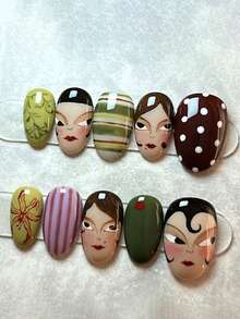 10 Pieces Of Retro Art Style Oval Shaped Pressed Nails, Retro Character Face Decoration, Low Saturation Retro Tones Olive Green, Brown, Light Pink Purple, Exquisite Niche Artistic Sense Wearing Nails With Plant Patterns, Stripes, Polka Dots And Other Elements, Fully Adhesive Detachable Fake Nail Set, Suitable For Office Workers, Students, Party Girls And Nail Supplies Of All Seasons, Equipped With 1 Jelly Glue And 1 Nail File.