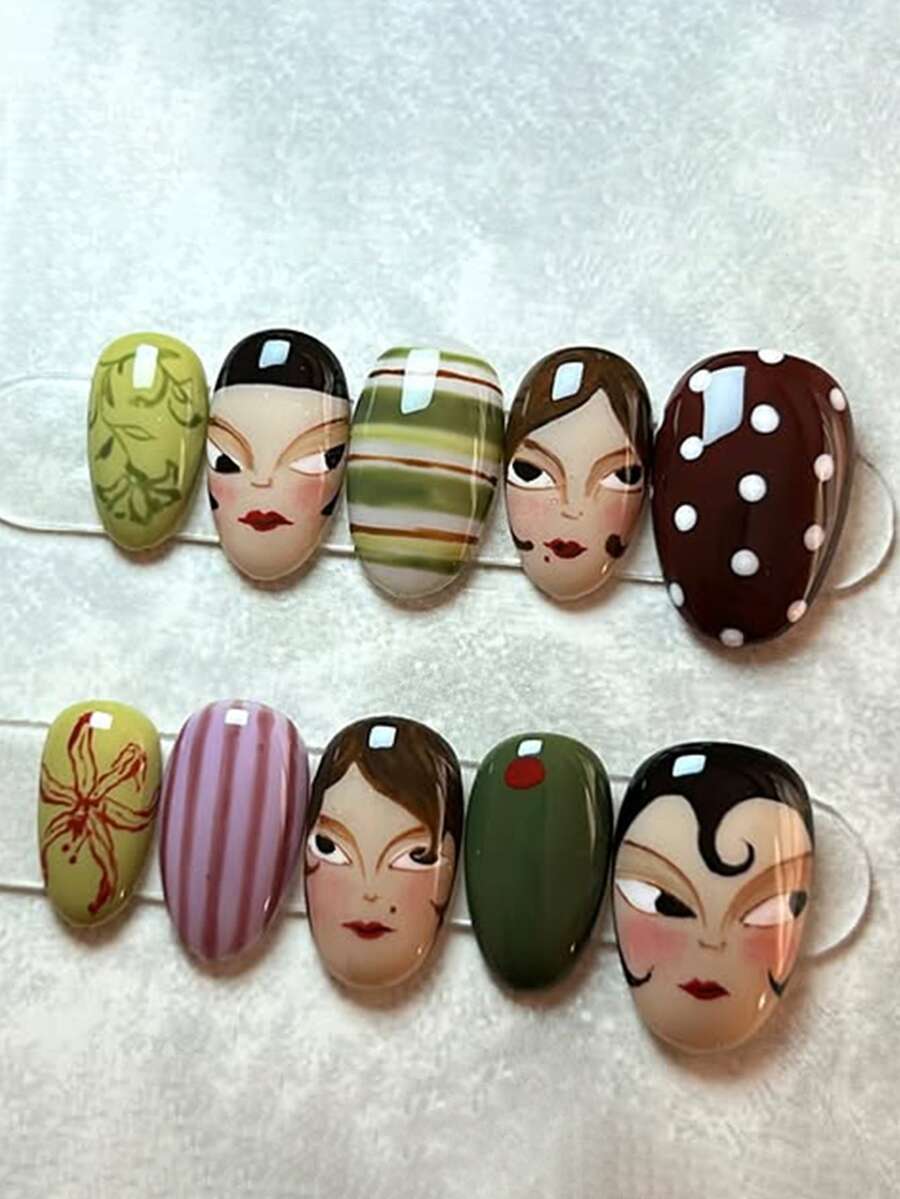 10 Pieces Of Retro Art Style Oval Shaped Pressed Nails, Retro Character Face Decoration, Low Saturation Retro Tones Olive Green, Brown, Light Pink Purple, Exquisite Niche Artistic Sense Wearing Nails With Plant Patterns, Stripes, Polka Dots And Other Elements, Fully Adhesive Detachable Fake Nail Set, Suitable For Office Workers, Students, Party Girls And Nail Supplies Of All Seasons, Equipped With 1 Jelly Glue And 1 Nail File.