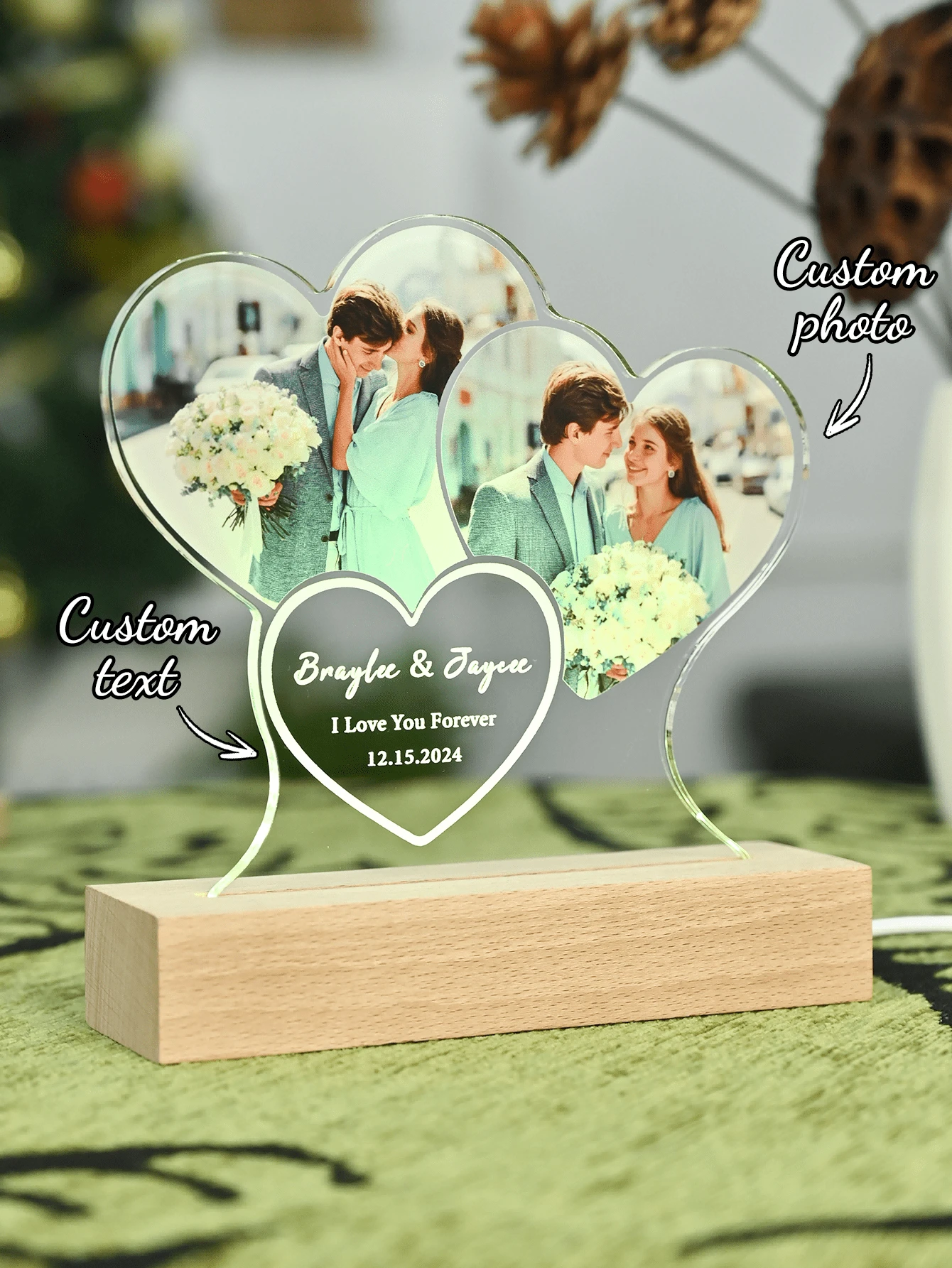 1pc Personalized Anniversary Couple Gift, Custom Acrylic Heart-Shaped Photo Frame (With Photo), Custom Acrylic Spotify Theme Plaque (With Night Light), Personalized Wedding Gift (Couple Style)