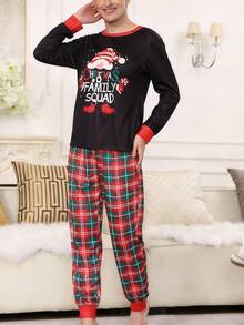 2pcs Men's Fashion Casual Plaid Christmas Pajama Set, Long Sleeve Round Neck Top With "Merry Christmas" & Antler Graphic And Loose Pants Sleepwear, Fall Winter Clothes - Black - View 4