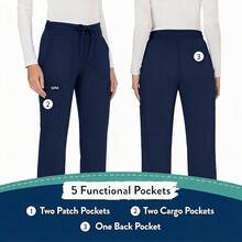 Women's Yoga Scrub Pants Flared Mid Rise Cargo Work Pants With 5 Pocket For Work,4-Way Stretch Fabric - 黑色 - 查看 3