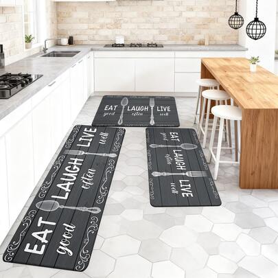1/2/3 قطعة سجاد مطبخ، بتصميم أنيق وعتيق لأدوات المطبخ مع شعار "كل واضحك وعش"، بتفاصيل زهرية بيضاء على خلفية خشبية داكنة، مناسب لغرفة المعيشة والنوم والمطبخ وغرفة الطعام ومدخل المنزل والحمام وغرفة الغسيل والنزهات الخارجية، ديكور ريفي، مانع للانزلاق، ديكور منزلي أساسي، اكسسوارات مطبخ، عملي ومريح، فكرة هدية رائعة