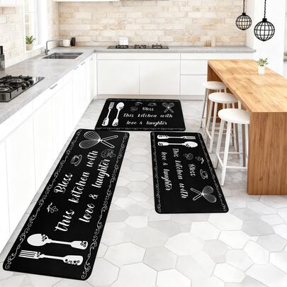 1/2/3개 주방 러그, 포크, 스푼, 찻잔, 거품기, 꽃 요소가 있는 우아한 흑백 손 그림 패턴, 동방 축복 "이 주방을 사랑과 웃음으로 축복하십시오", 거실, 침실, 주방, 식당, 입구, 욕실, 세탁실, 야외 피크닉, 농가 장식, 미끄럼 방지 뒷면, 필수 가정 장식, 주방 액세서리, 실용적이고 아늑함, 훌륭한 선물 아이디어