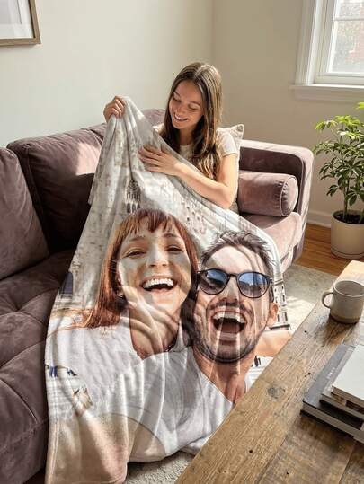 1 pieza Manta personalizada con foto, manta personalizada con foto familiar, foto de mascota, foto de pareja, adecuada para el Día de la Madre, Día del Padre, San Valentín, Carnaval, Pascua, Acción de Gracias, Día de los Inocentes, vuelta al colegio, manta para siesta en la oficina, manta personalizada, duradera, transpirable, ligera, lavable, divertida, linda, amorosa, suave, cómoda, elegante, simple, personalizada, única, regalos ideales para él, mantas personalizadas, momentos familiares