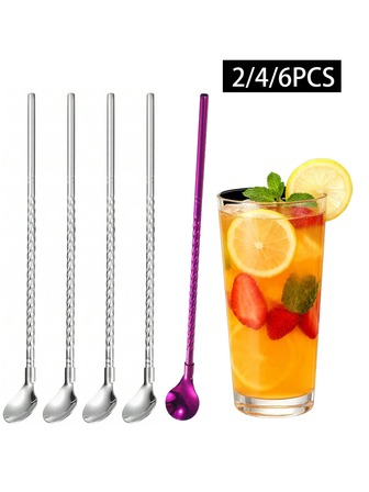 2/4/6pcs Stainless Steel Reusable Straw Spoon Suitable For Milk Tea, Coffee, Juice And Other Beverages