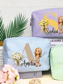 Customized DTF Embroidered Name Makeup Bag, Travel Cosmetic Bag, Sanitary Pad Storage Bag, Personalized Organizer Bag, Makeup Pouch, Travel Accessories, Multi-Functional, Space-Saving, Letter, Stripe, Exquisite, Fashionable, Tidy, Minimalist, Casual, Basic, Unique, Gift For Girls, Wedding Gift, Bridal Gift, Wedding, Wedding Supplies, Holiday Gift, Ideal Gift For Girlfriend, Family, Friends, Anniversary - Multicolor 2 - View 8