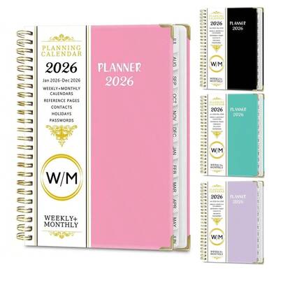 2026/1-12 Months A5 Planner Notebook, 71 Sheets/142 Pages - Monthly & Weekly Calendar, Pink & Gold Trim, Elastic Closure, Inner Pocket, Ideal For Office & Study Organization, Valentines Exchange Gifts, Valentines Day Gifts, Back To School, Class Game Prizes, Party Supplies, Classroom Prizes, Celebration Giveaways And Rewards, Birthday Gifts