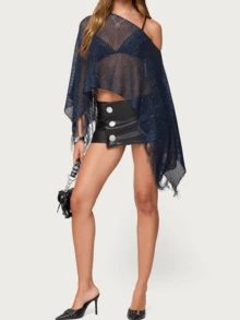 Women Sheer Poncho Shrug Lightweight See Through Knitted Mesh Shawl Y2k Asymmetrical Beach Poncho Cover Ups - 深藍色 - 查看 5