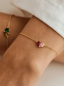 Customized Double Birthstone Heart Pendant Bracelet, Women's Mother's Jewelry Gift, Elegant Romantic Gift For Valentine's Day, Mother's Day, Stainless Steel Chain, Waterproof Summer Bracelet - As Shown - View 8