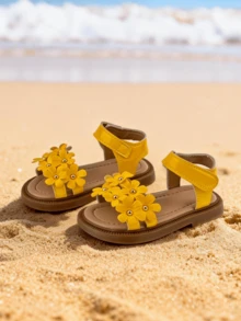 1 Pair Children's 3D Flower PU Leather Lightweight Open-Toe Flat Sandals, Cute Style Suitable For Daily Outings Or Kindergarten Wear - Yellow - View 3