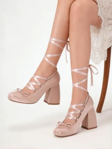 Ballet Mary Janes High Heels For Women Square Toe Satin Lace Up Ballerina Stiletto Heels With Bow Elegant Wedding Party Slingback Pump Heels For Women  - a裸色 - 查看 5