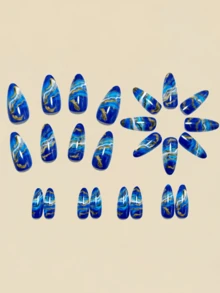 24pcs Blue Striped Almond Shaped Press-On Nails, Nail Art Supplies, Y2K Style - Royal Blue - View 4