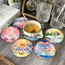 A Set Of Coasters With The Theme Of "Swan + Love Imagery". This Type Of Love-Themed Coasters Often Have "Symbolic Love Creatures + Romantic Elements" As The Core, Using Practical Carriers To Convey Emotional Implications, Which Is One Of The Mainstream Directions For Couples' Decorations. - Wooden Board-circle Coaster - View 3