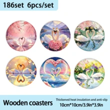 A Set Of Coasters With The Theme Of "Swan + Love Imagery". This Type Of Love-Themed Coasters Often Have "Symbolic Love Creatures + Romantic Elements" As The Core, Using Practical Carriers To Convey Emotional Implications, Which Is One Of The Mainstream Directions For Couples' Decorations. - Wooden Board-circle Coaster - View 9